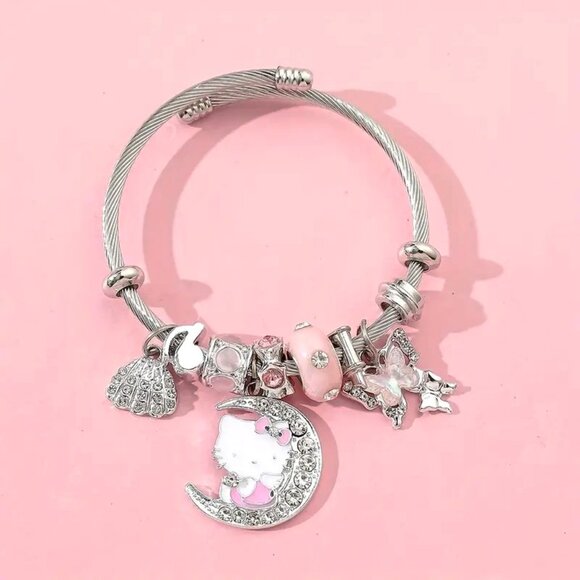 Hello Kitty Charm Bracelet Sanrio Rhinestone Moon Emo Beads Wire Rave Trendy Fun - Picture 3 of 4